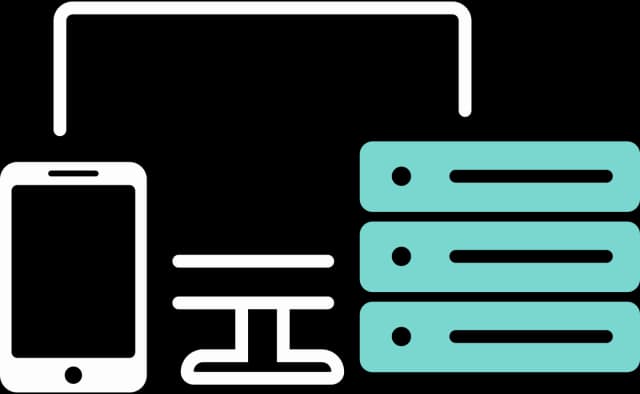 Illustration eines Bildschirms, Smartphones und einem Server
