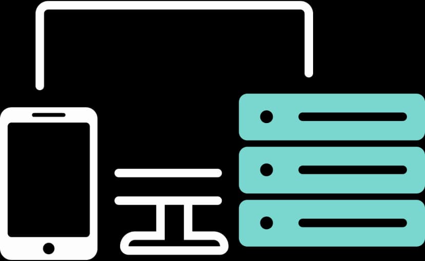 Illustration eines Bildschirms, Smartphones und einem Server