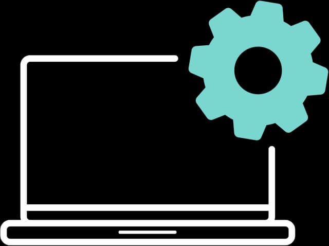 Illustration eines Laptops mit einem Zahnrad in der rechten Ecke