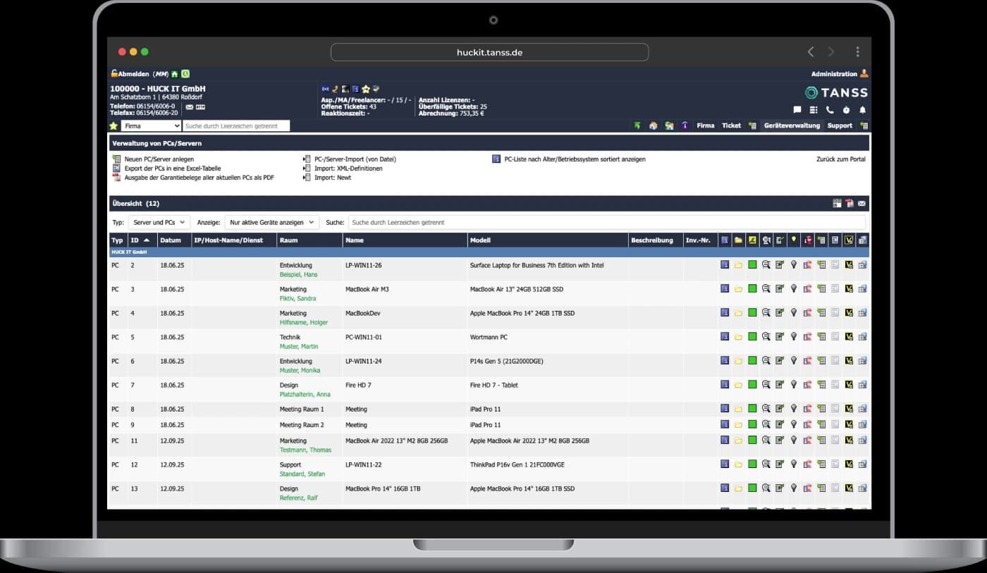Screenshot des TANSS Systems mit einer Liste von PCs, einschließlich Details wie Typ, Datum, Raum, Name, Modell und Beschreibung.