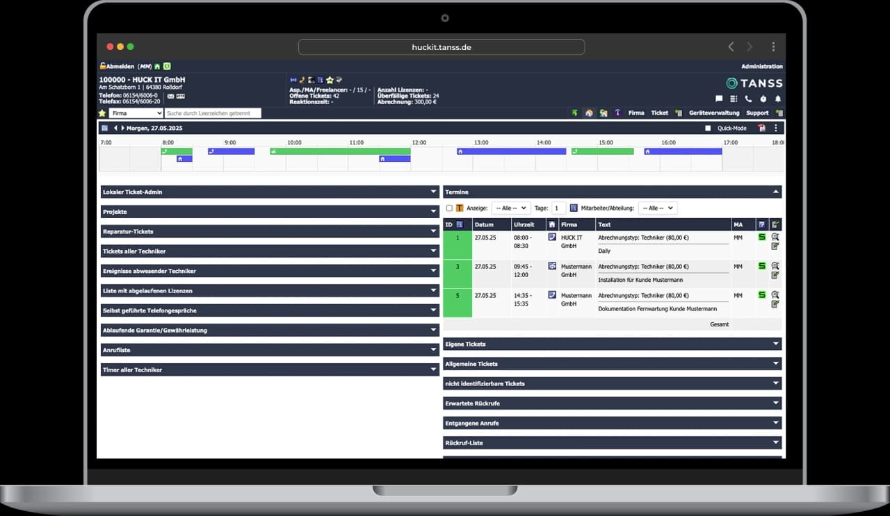 Screenshot aus der TANSS Startseite, die Termine, Ticketstatus und Kundendaten auf einem Laptop-Bildschirm anzeigt.