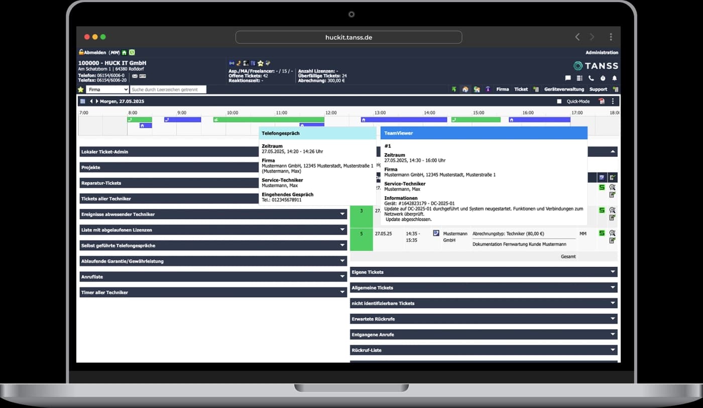 Screenshot von der Startseite von TANSS mit einem geöffneten Teamviewer und Telefonat Fenster