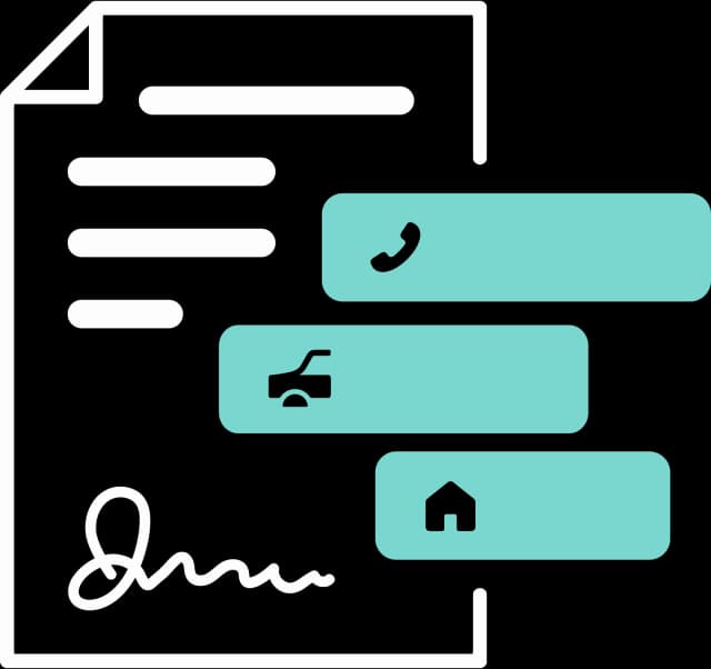 Illustration eines unterschriebenen Vertrags mit 3 Balken mit einem Telefon, einem Auto und einem Haus