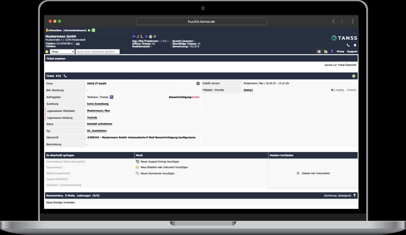Screenshot aus TANSS von einem Ticket aus Kunden Ansicht.