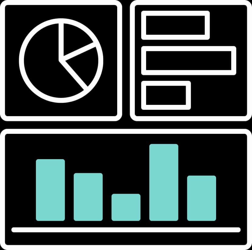 Illustration of 3 rectangles with a pie chart, a horizontal bar chart, and a large vertical bar chart.