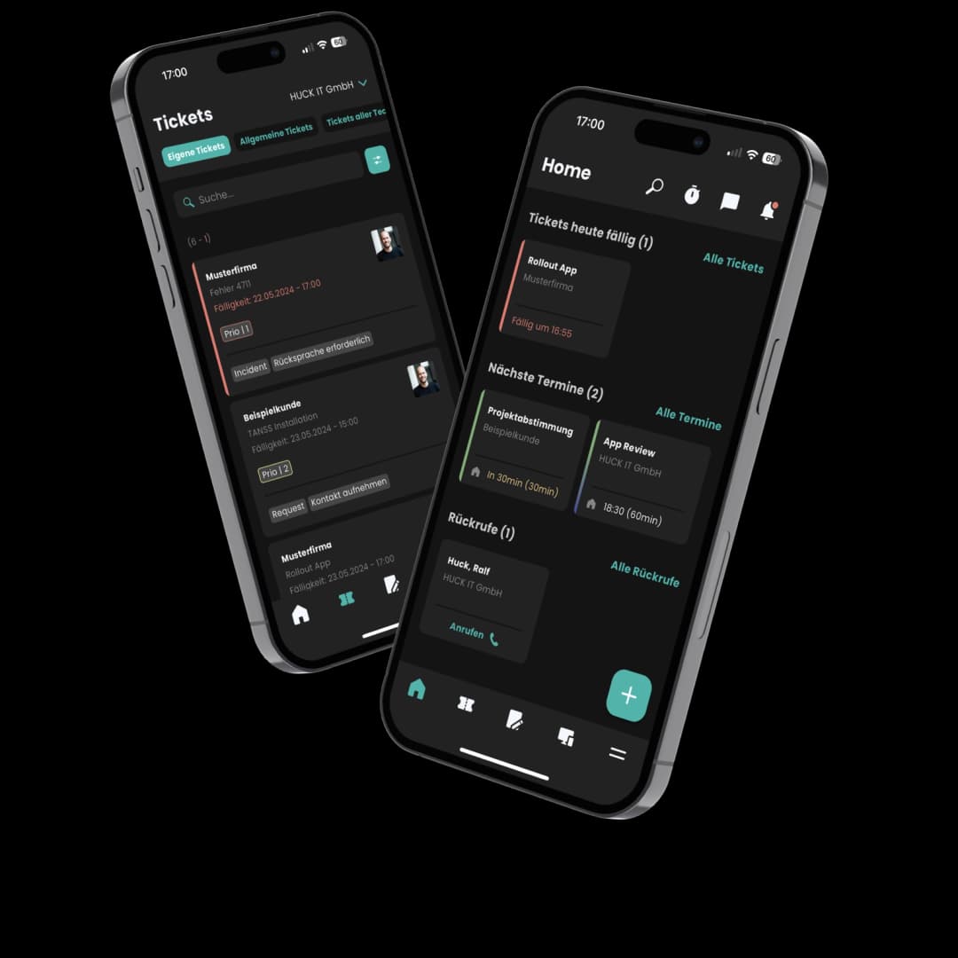 Screenshots der mobilen IT-Management-Anwendung der TANSS/HUCK IT GmbH auf zwei Smartphones mit dunklem Design. Der linke Bildschirm zeigt den Bereich „Tickets“ mit Suchfunktion und einer Liste von Vorfällen. Der rechte Bildschirm zeigt den Bereich „Home“ mit heute fälligen Tickets, nächsten Terminen und ausstehenden Rückrufen.