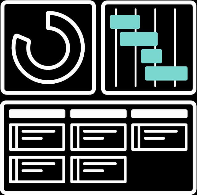 Illustration eines Dashboards mit einem Donut-Diagram, einem Zeitstrahl sowie einem Ticket Board