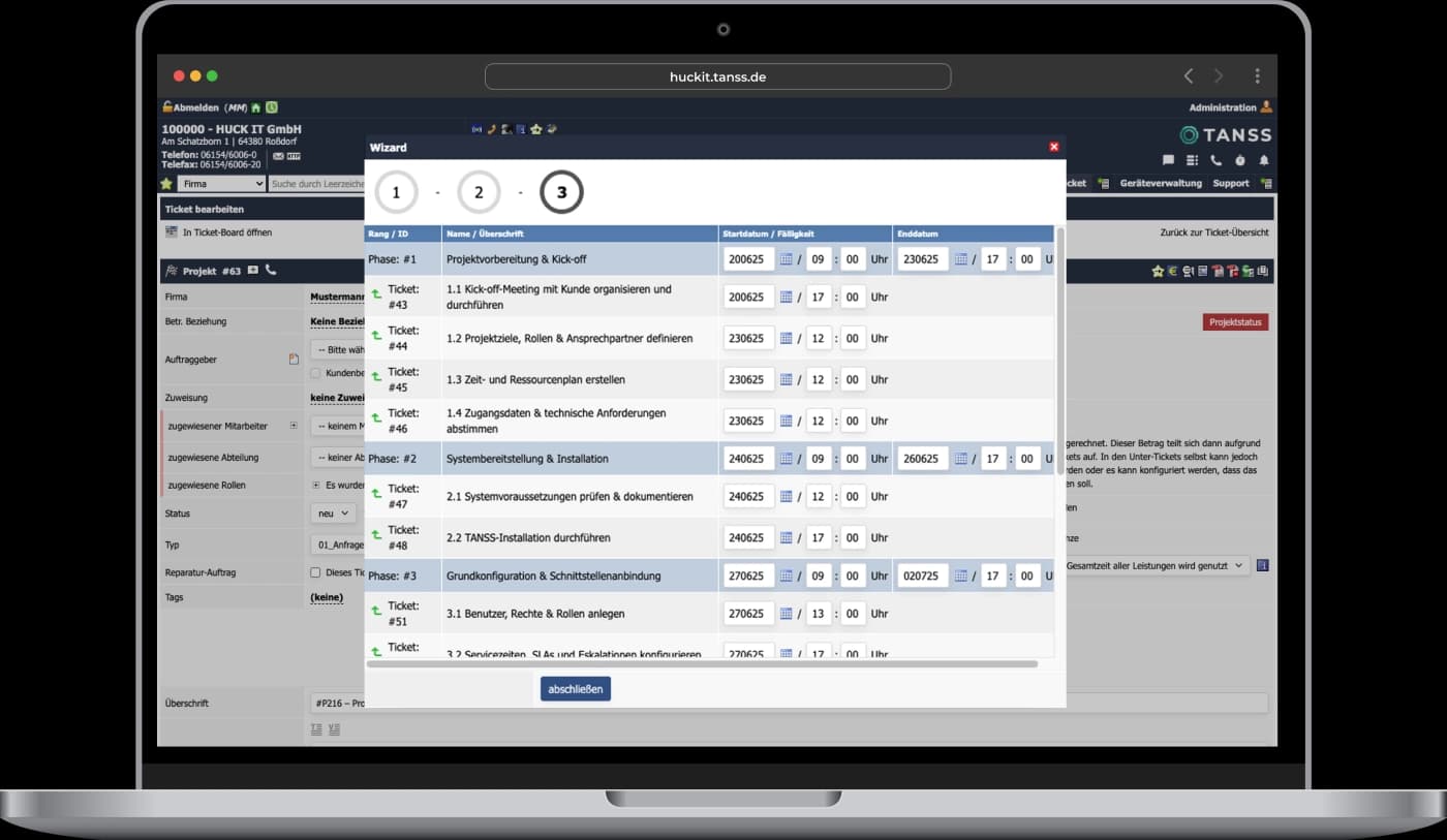 Screenshot aus dem TANSS System, in welchem ein neues Projekt mit verschiedenen Phasen und Untertickets angelegt wird.