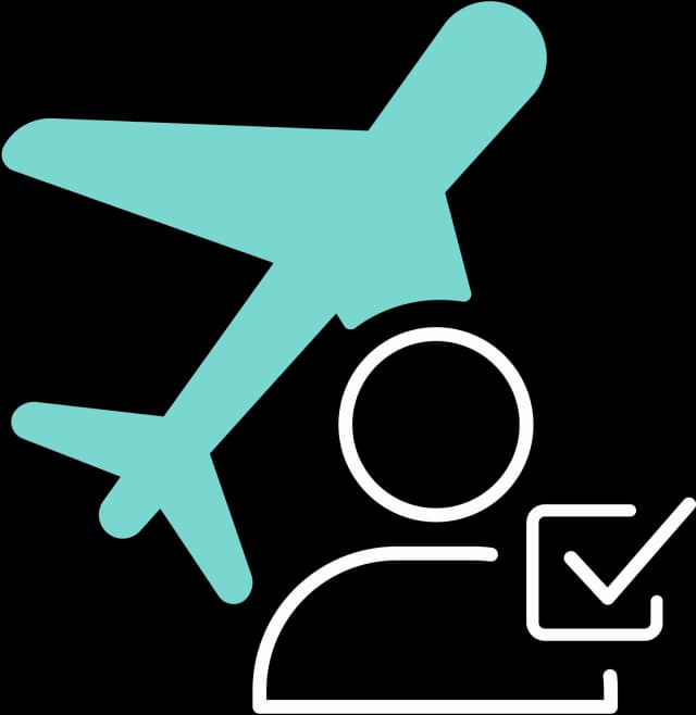 Illustration einer Person mit einer Checkbox und einem Flugzeug im Hintergrund