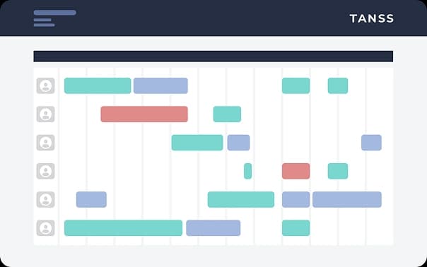 Eine minimalistische Benutzeroberfläche eines großen Zeitstrahls mit mehreren Profilen und verschieden farbigen Zeitblöcken