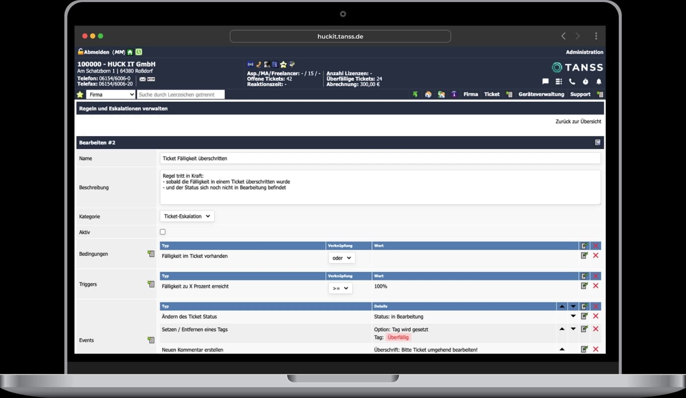 Screenshot aus TANSS von der Ansicht zum Anlegen von Regeln und Eskalationen.