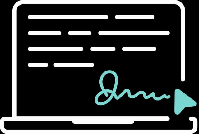 Illustration eines Laptops mit Platzhalter Text und einer Unterschrift