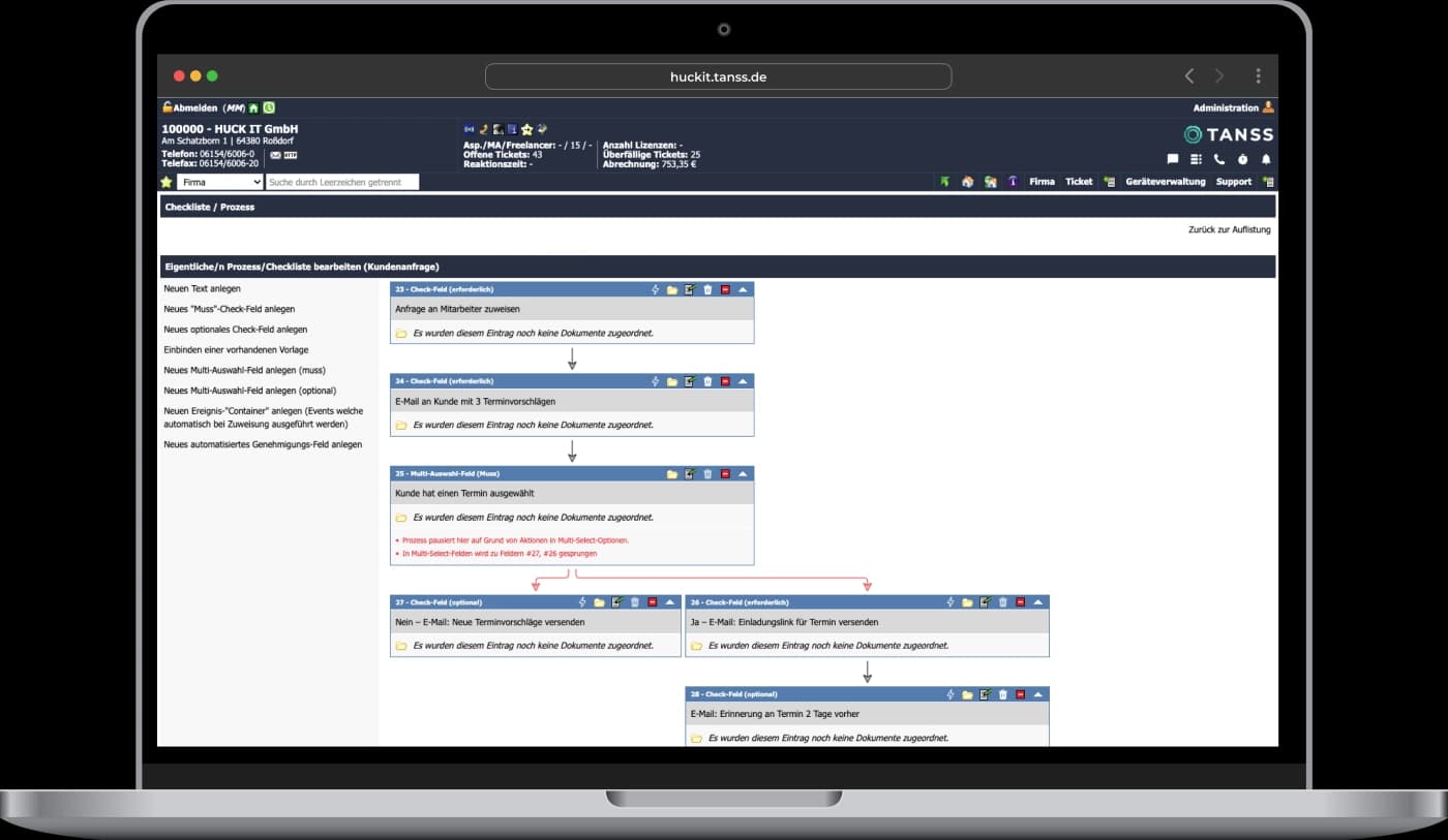 Screenshot aus TANSS für die Anlegung von einem Workflow mit mehreren Prozessschritten.