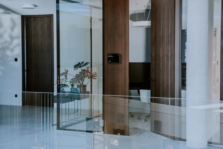 Modern office spaces with a glass partition, wooden doors and a stylish plant, creating a bright and welcoming atmosphere.